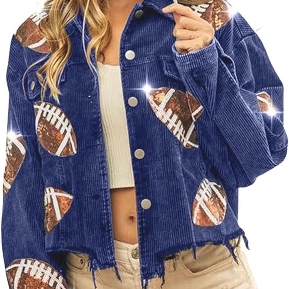 Blue  corduroy Jacket with Football Print - Picture 2 of 3